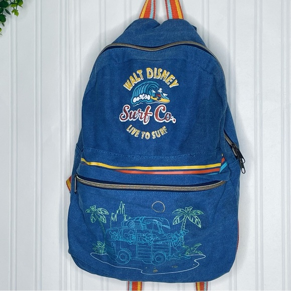 Walt Disney World Mickey & friends Surf Co. denim rainbow strap backpack - Picture 4 of 15